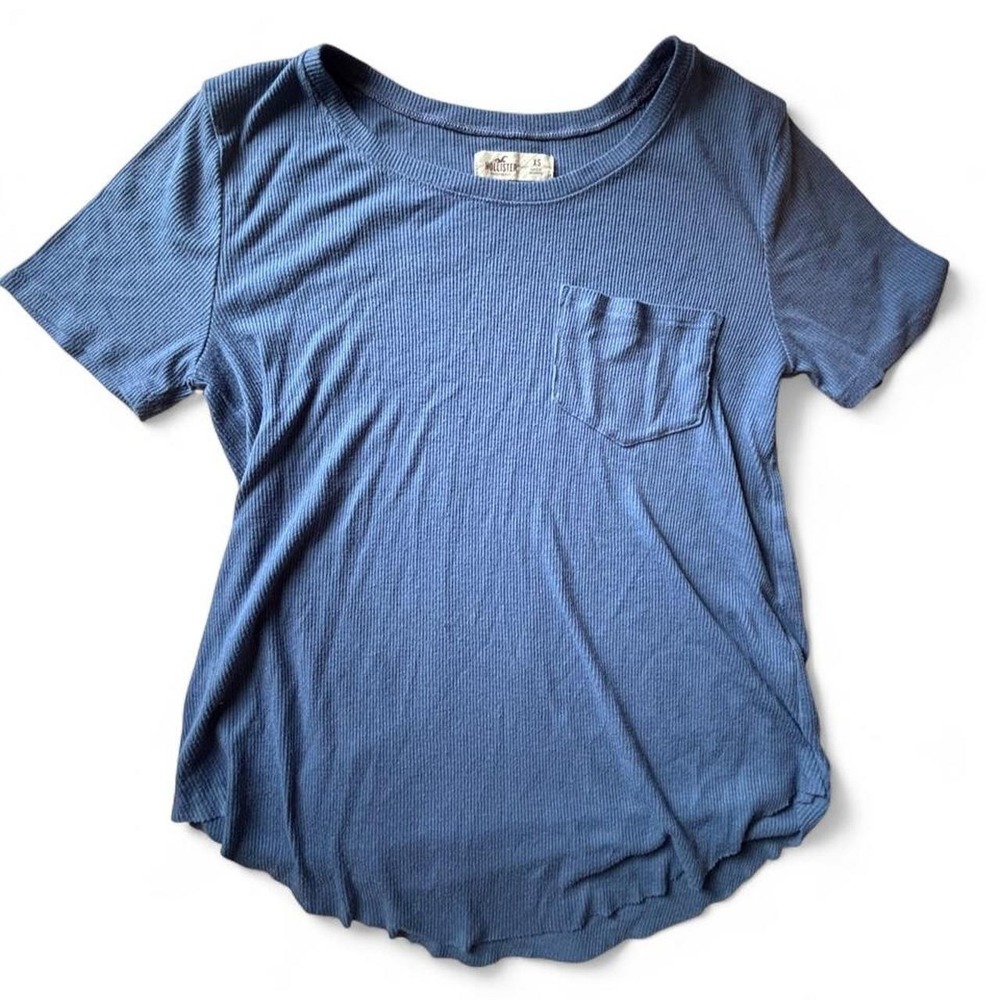Hollister Slate Blue Ribbed Pocket Tee Womens XS Short Sleeve Scoop Neck T-Shirt
